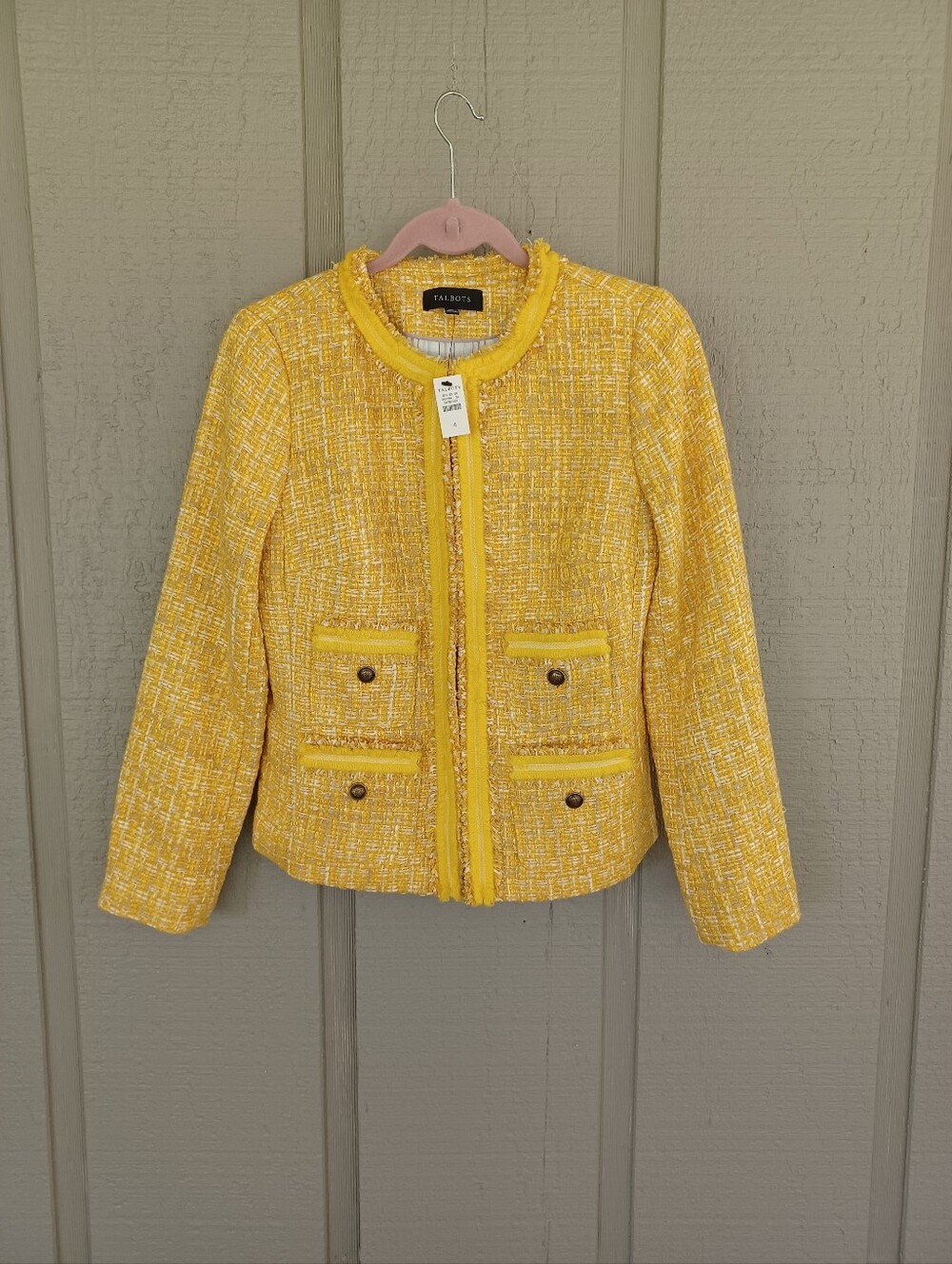 Talbots Yellow Tweed Jacket Blazer Size 4 Fringe Women Metallic Long Sleeve
